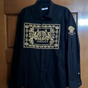 Versace Collection Black Embroidered Cotton Shirt SZ XL